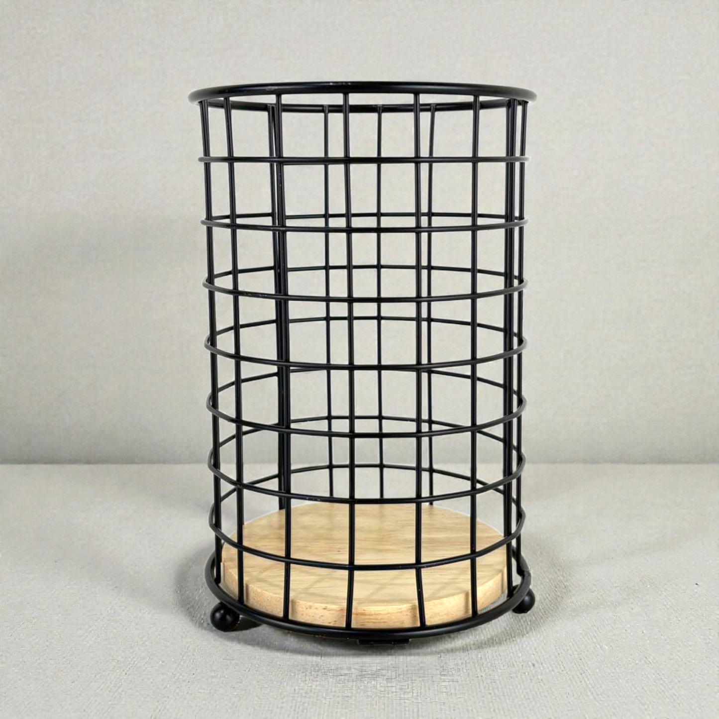 Modern Black Metal Storage Basket with Wooden Base – Multi-Purpose Organizer for Home & Kitchen