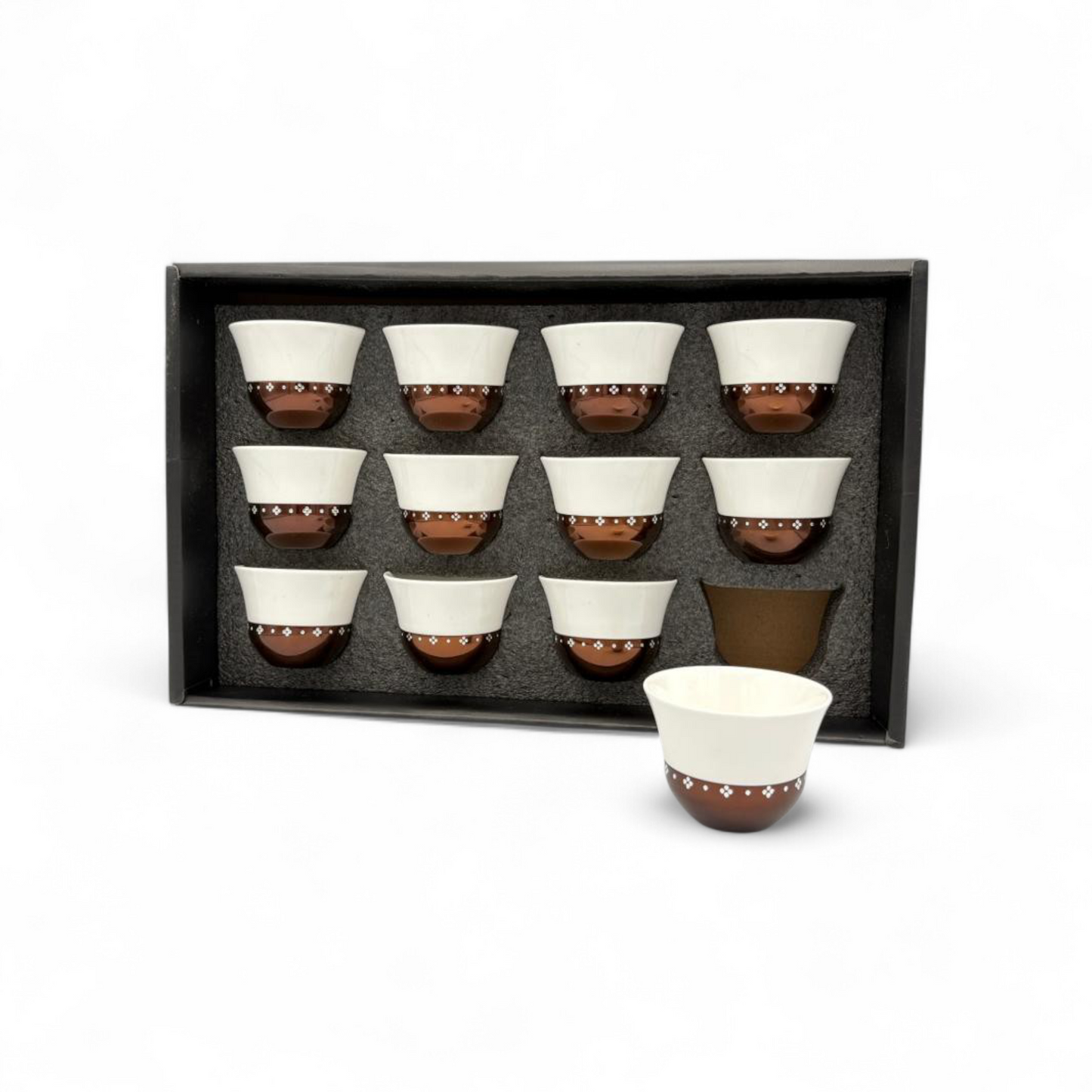 Coffee Cup Set of 12 – Brown & White Porcelain Cups Gift Box