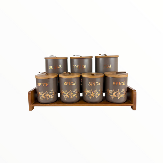 Luxury Ceramic Kitchen Canister Set with Wooden Tray – Sugar, Coffee, Tea & Spice Storage Jars (7-Piece Set)