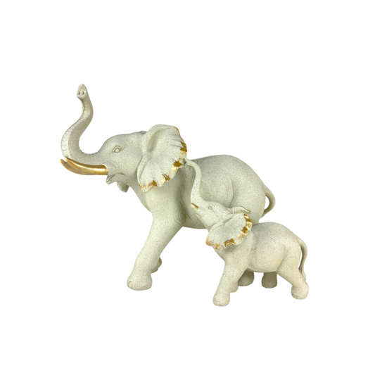 Mother & Baby Elephant Figurine – Stone-Effect Sculpture with Gold Accents for Home Décor