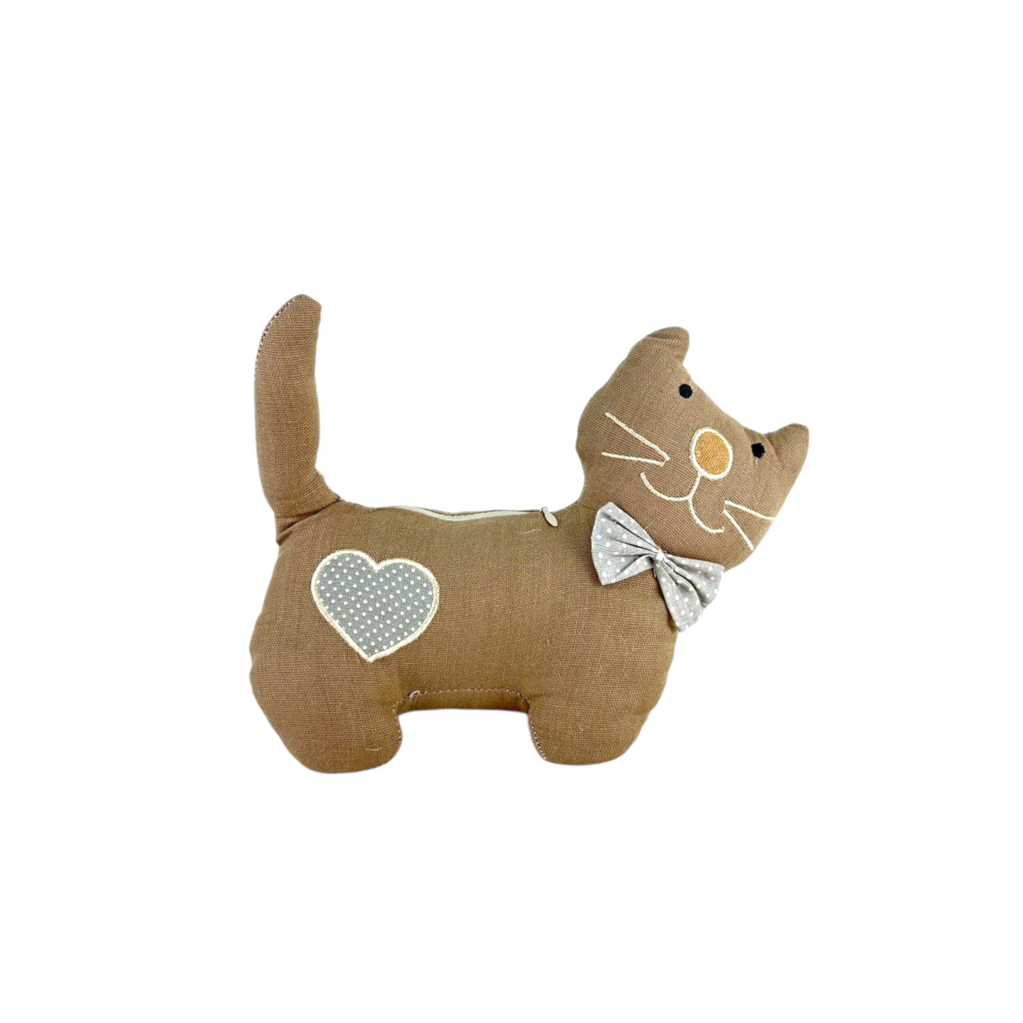 Cute Fabric Cat Plush Decor with Heart Patch & Bow – Handmade-Style Home Decoration 740 g