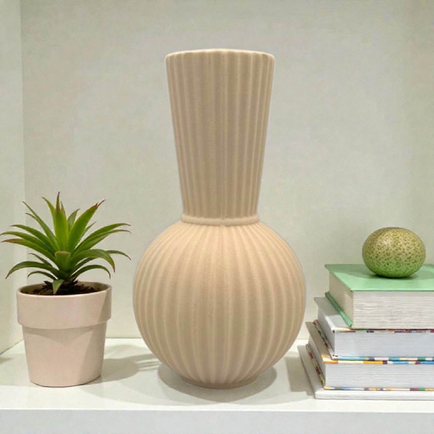 Ribbed Beige Ceramic Vase – Modern Minimalist Home Décor