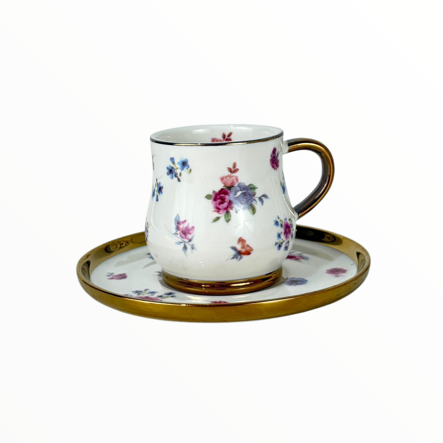 Elegant Floral Coffee Cup & Saucer Set – 12 Porcelain Cups with Gold Handles