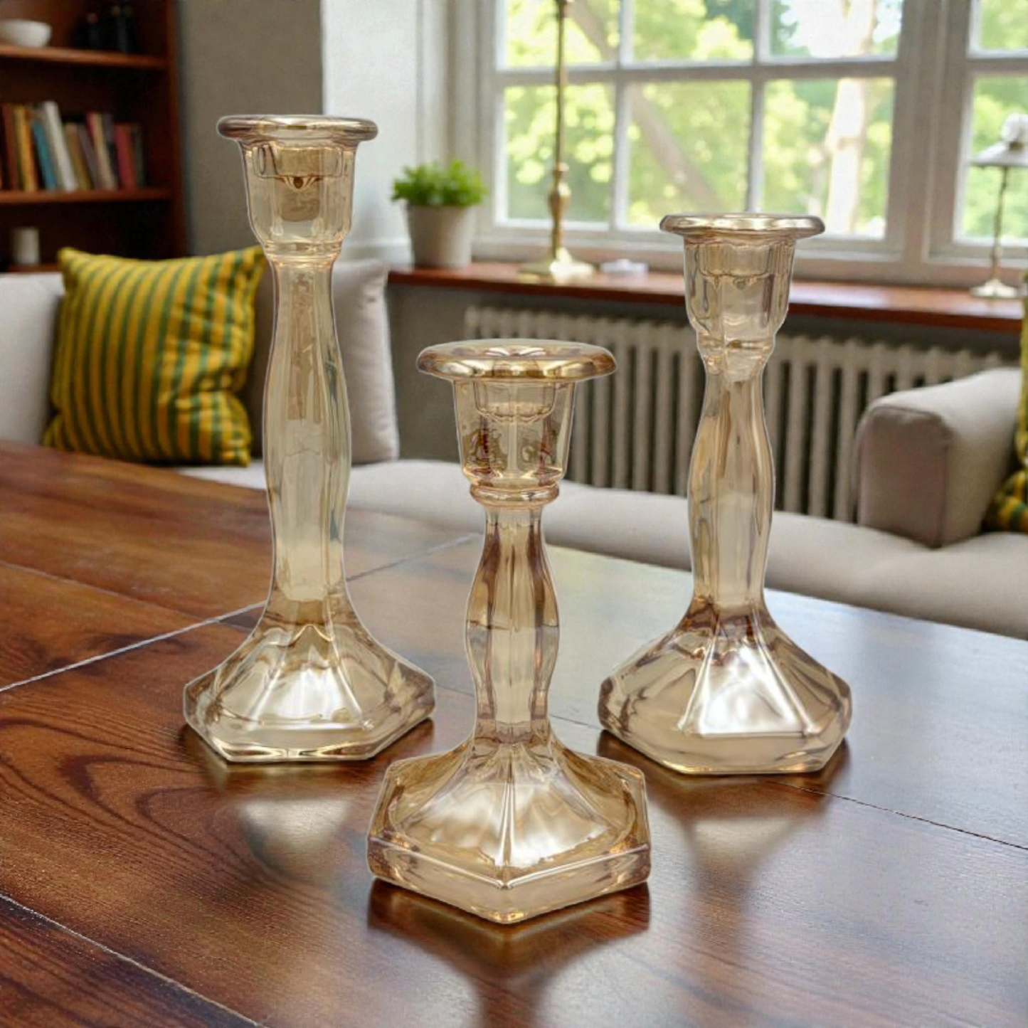 Amber Glass Candle Holders Set of 3 – Elegant Decorative Candlesticks