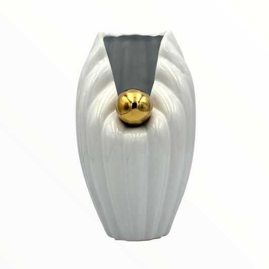 White Ceramic Vase with Gold Accent Ball – Modern Luxury Decorative Vase