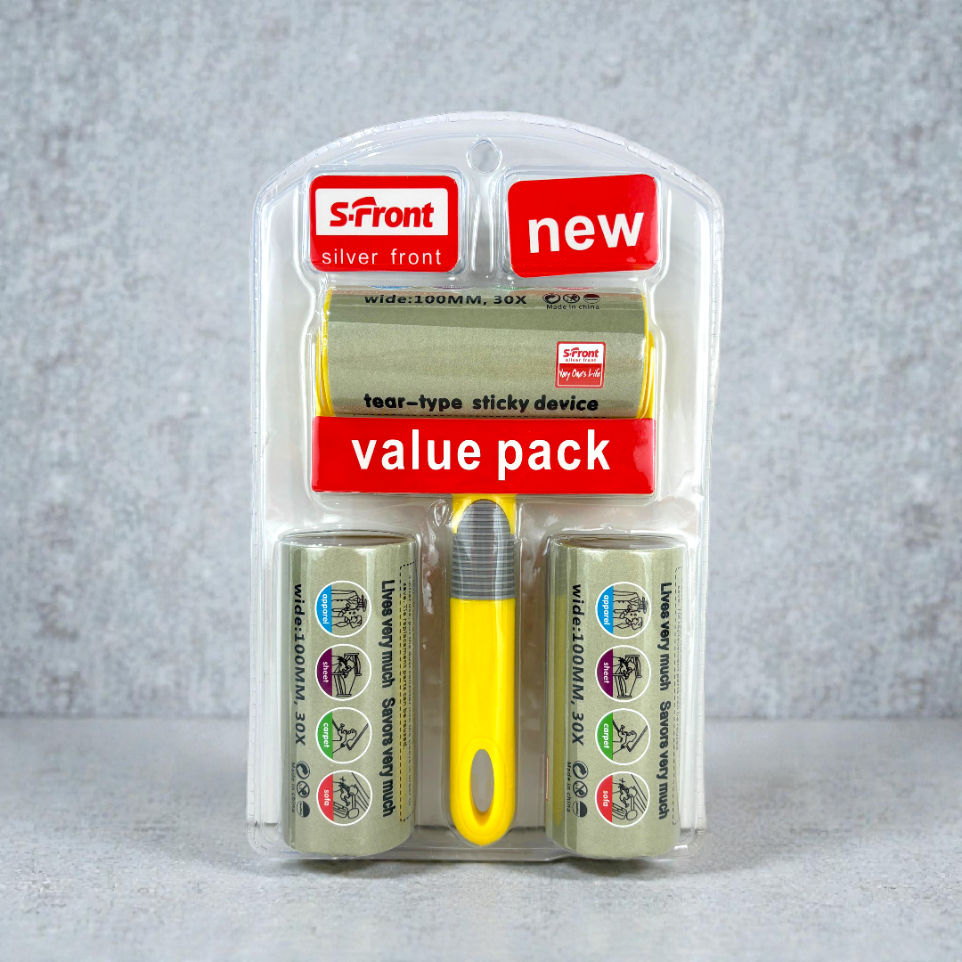 Silver Front Lint Roller Value Pack – Tear-Type Sticky Device with 3 Refill Rolls