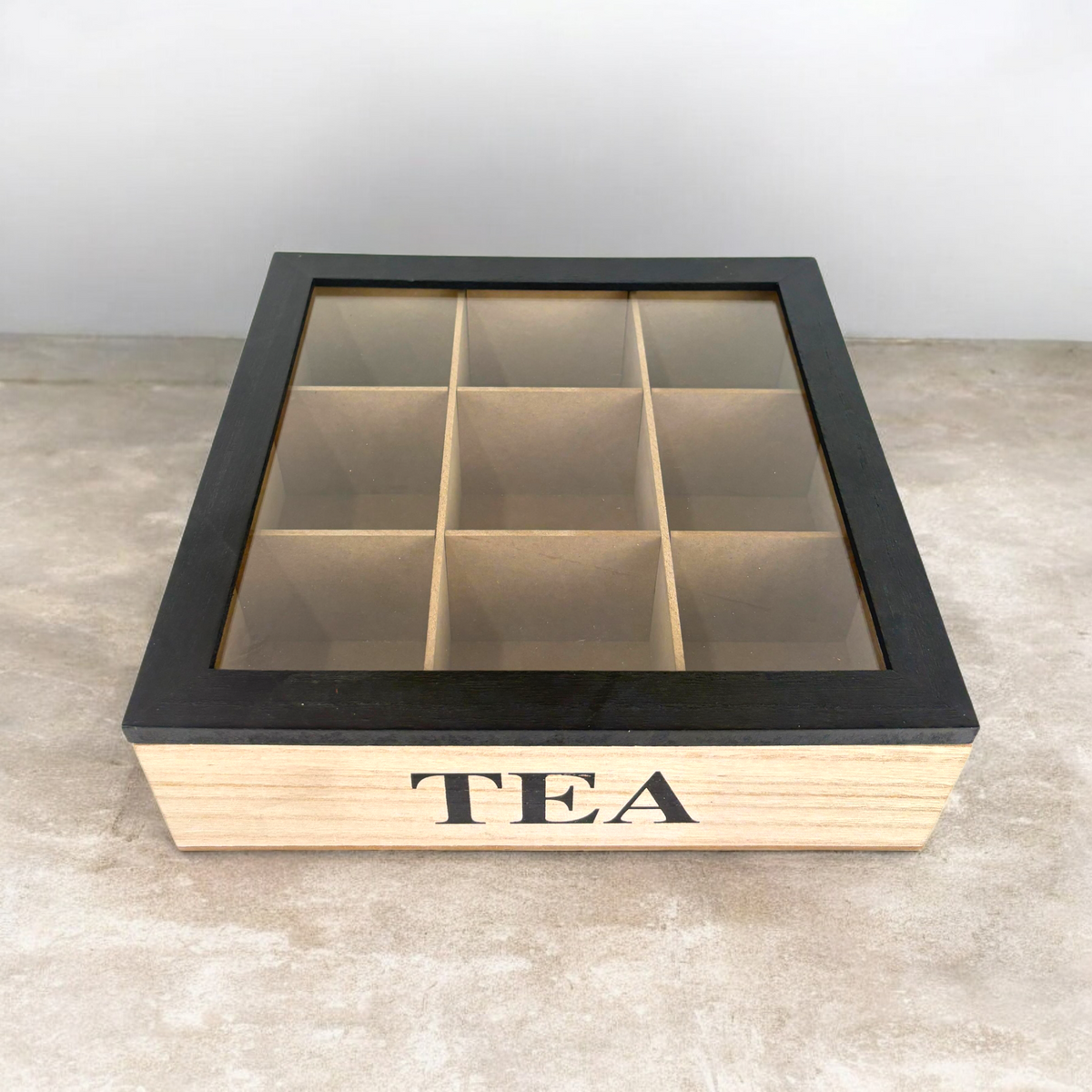 Wooden Organizer Box with 9 Compartments – “tea word design"