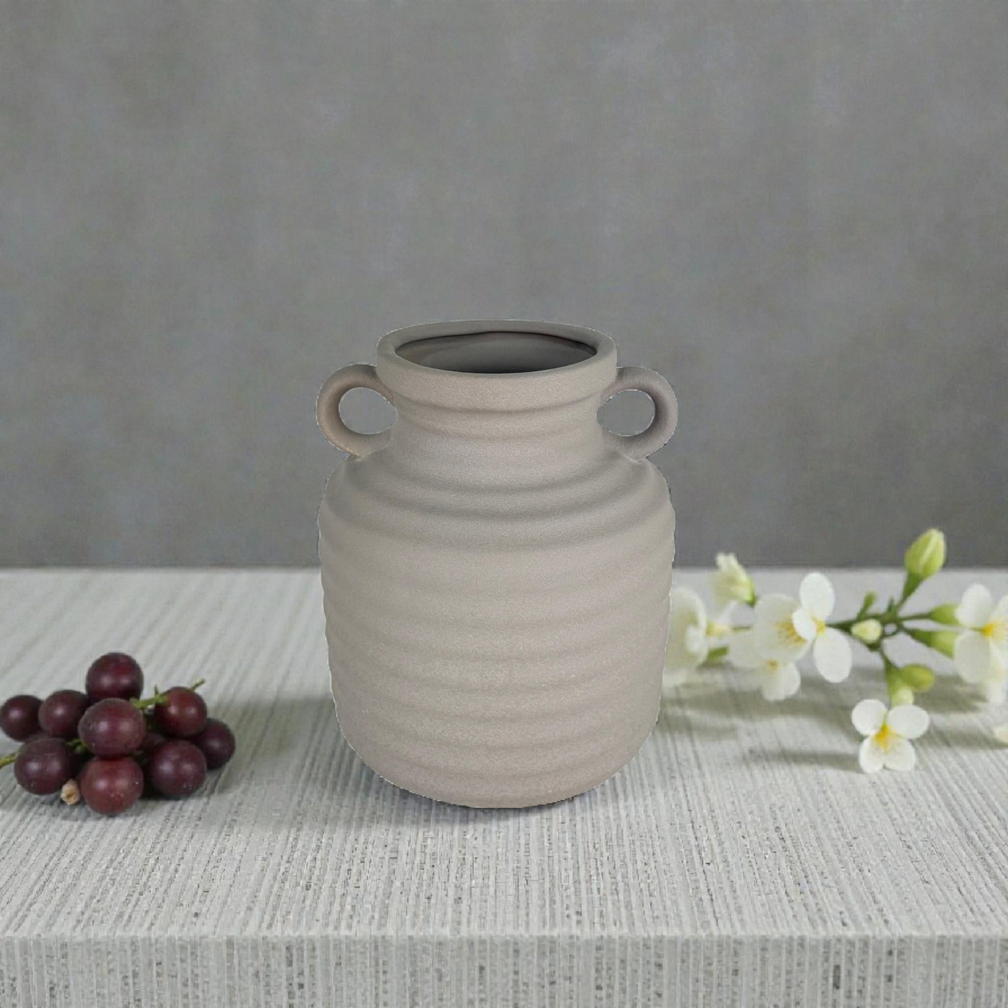 Ribbed Ceramic Vase with Handles – Modern Minimalist Decorative Vase
