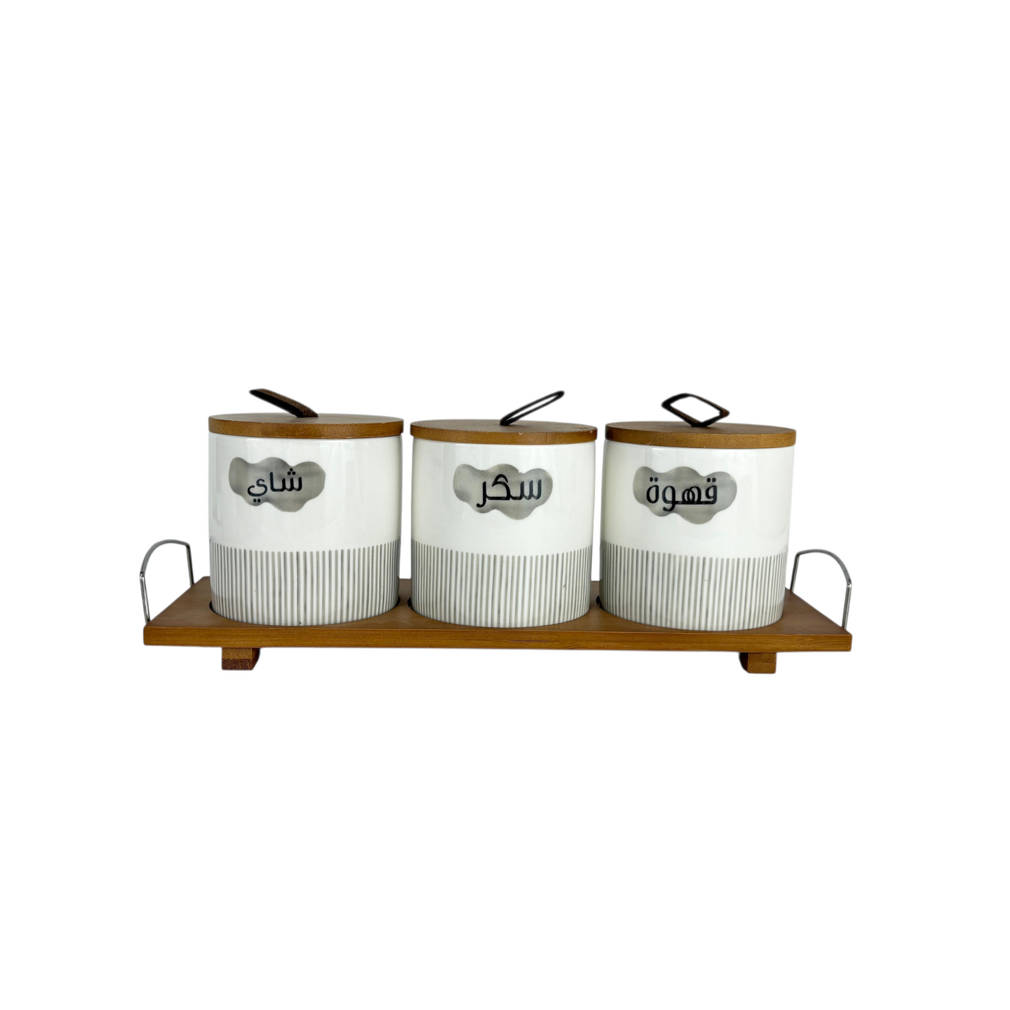 Ceramic Coffee, Tea & Sugar Canister Set with Bamboo Stand