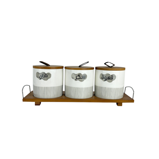 Ceramic Coffee, Tea & Sugar Canister Set with Bamboo Stand
