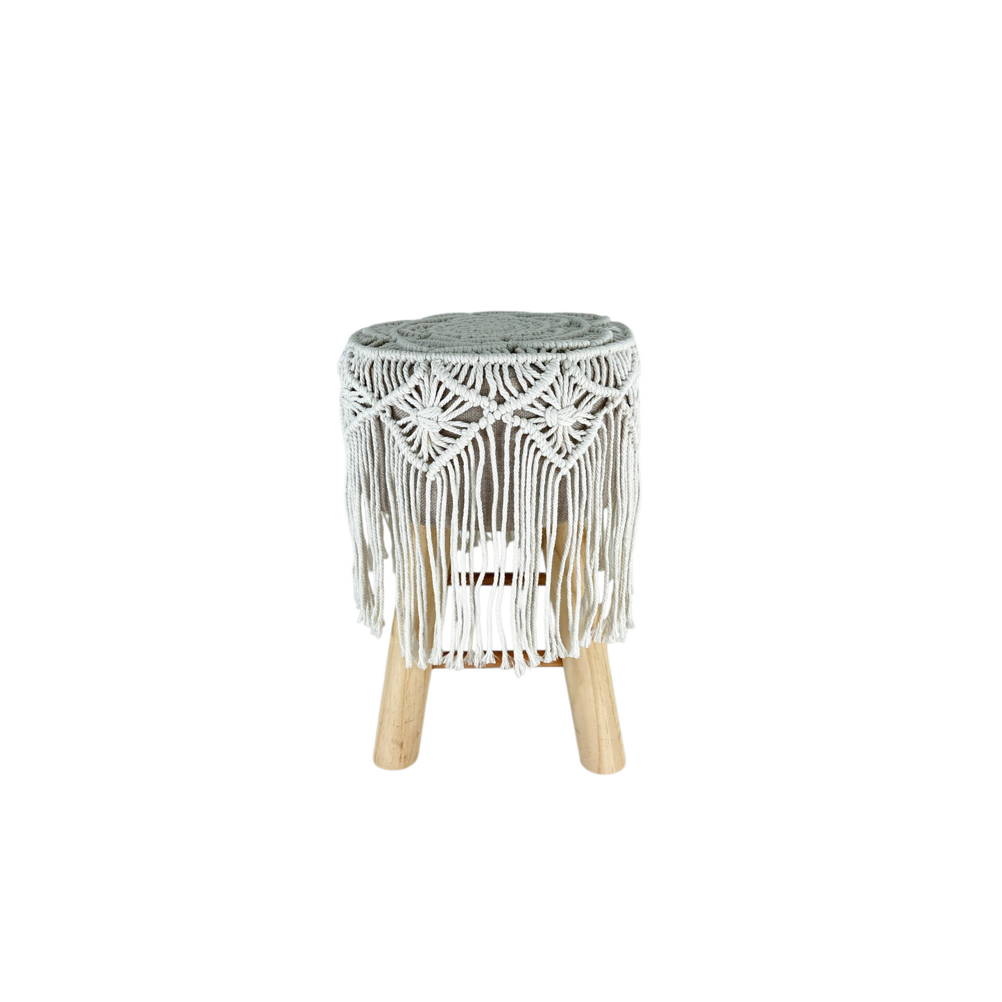 Boho Handmade Macramé Stool with Wooden Legs – Natural Woven Accent Seat
