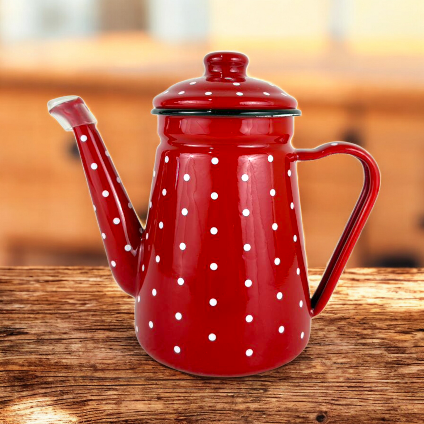 Red Enamel Polka Dot Tea & Coffee Pot – Vintage Metal Kettle with Lid