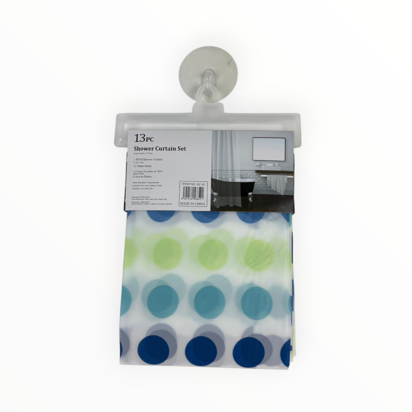 Polka Dot Shower Curtain – Waterproof Curtain with 12 Hooks – Blue & Green Dots