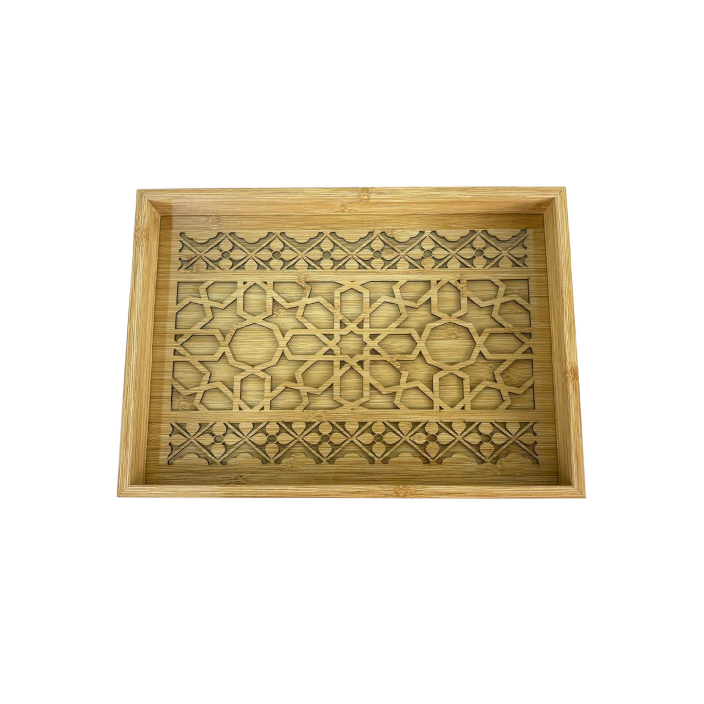 Hand-Carved Wooden Decorative Tray Set – Geometric Oriental Pattern Home Décor (Set of 2)