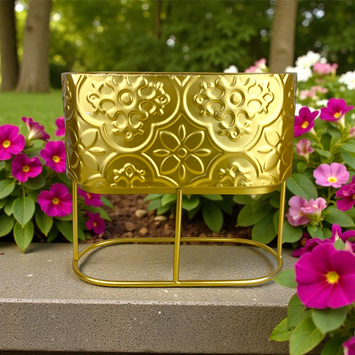 Gold Embossed Metal Planter with Stand