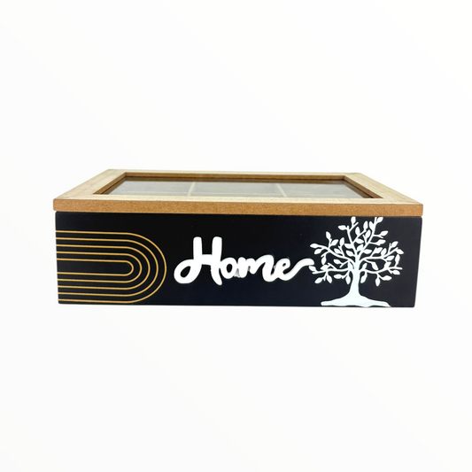 Wooden Organizer Box with 6 Compartments – “Home” Design with Glass Lid & Tree Artwork