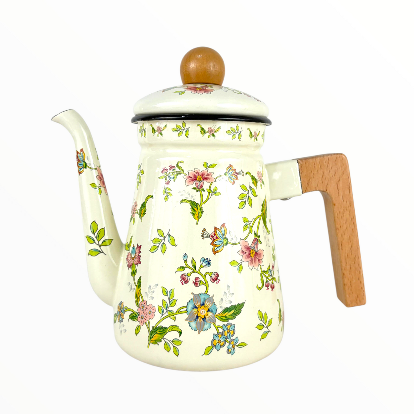 Floral Enamel Tea & Coffee Pot – Vintage Cream Kettle with Wooden Handle