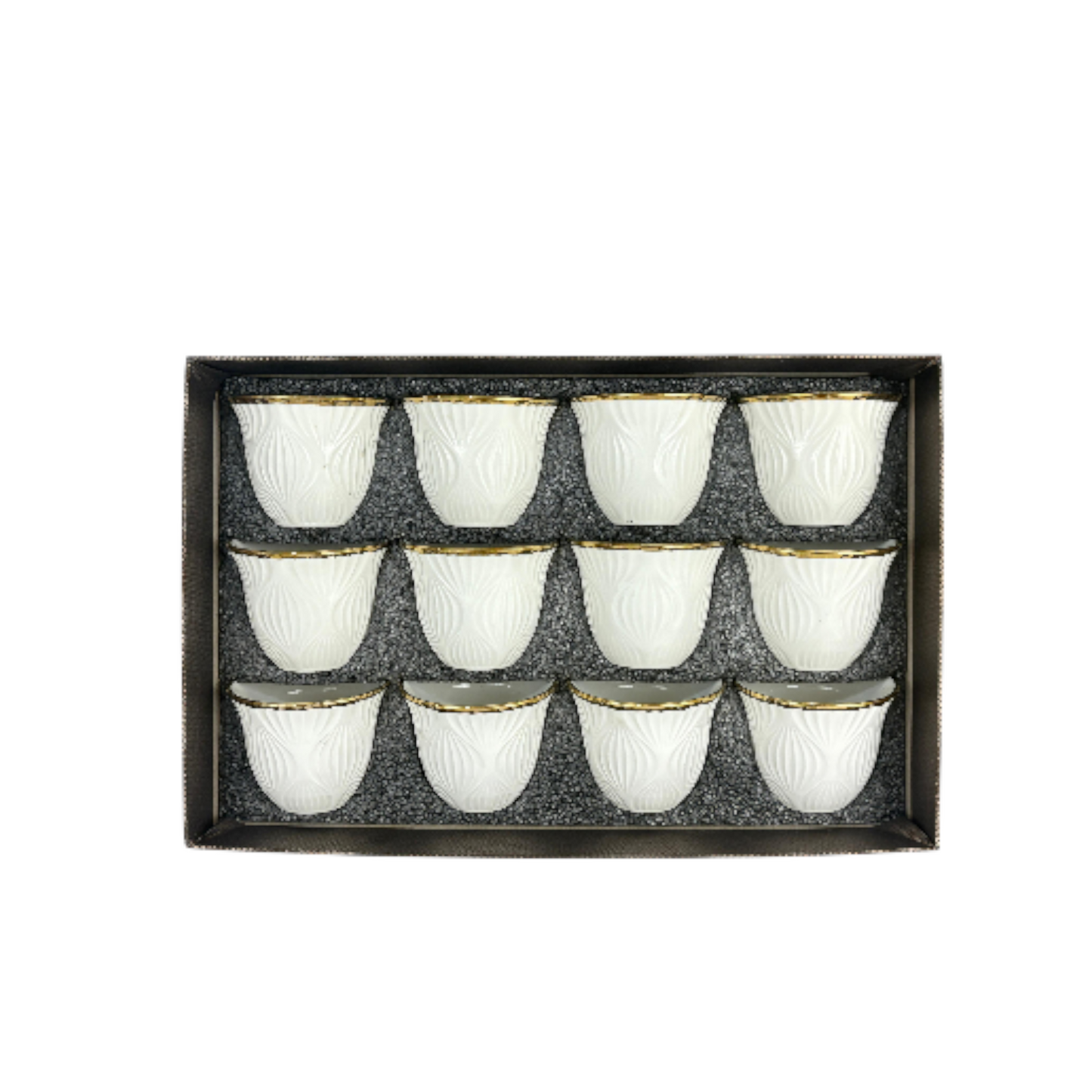 12-Piece Premium Arabic Coffee Cups – white Embossed Finjan Set with Gold  (Ceramic)