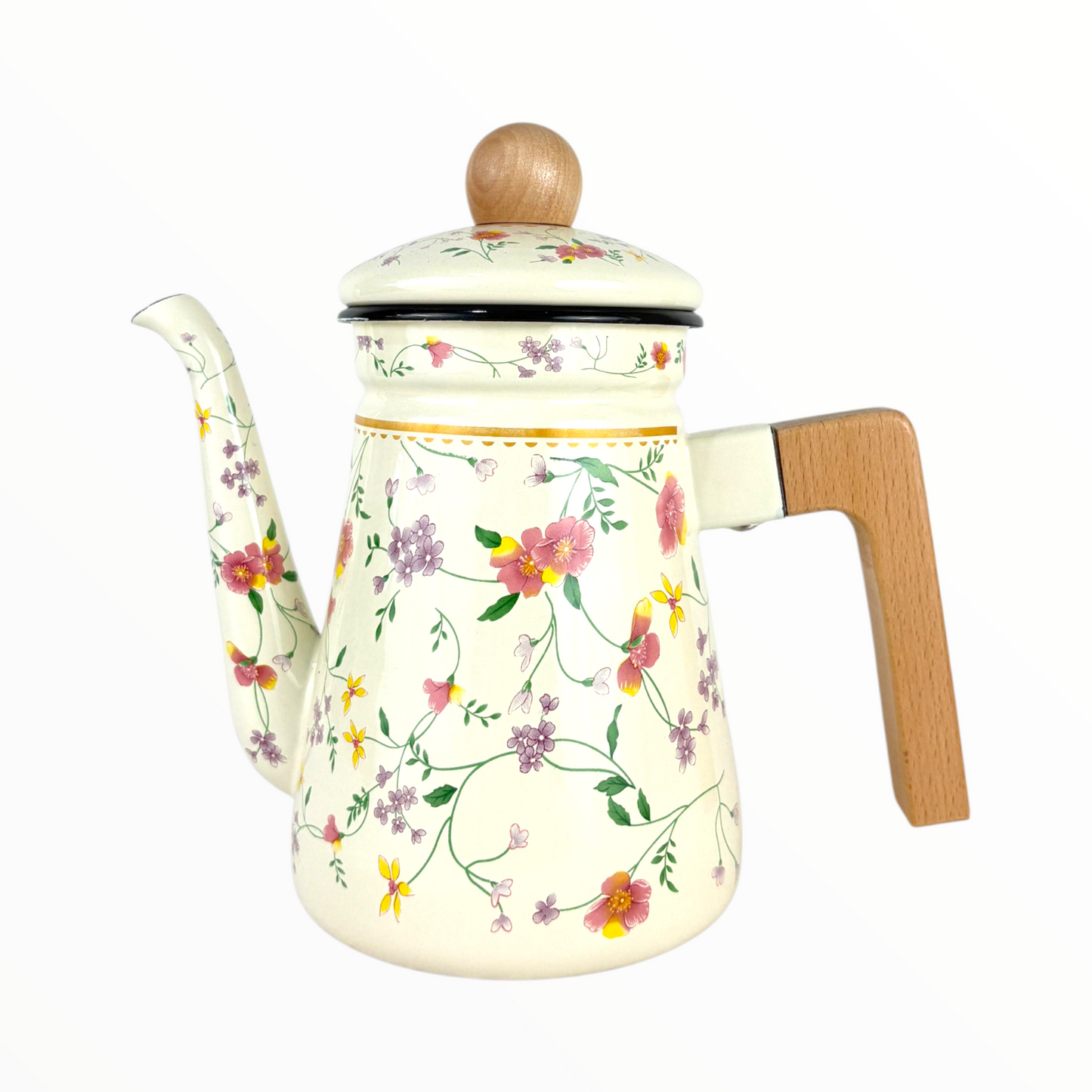Floral Enamel Tea & Coffee Pot – Vintage Cream Kettle with Wooden Handle