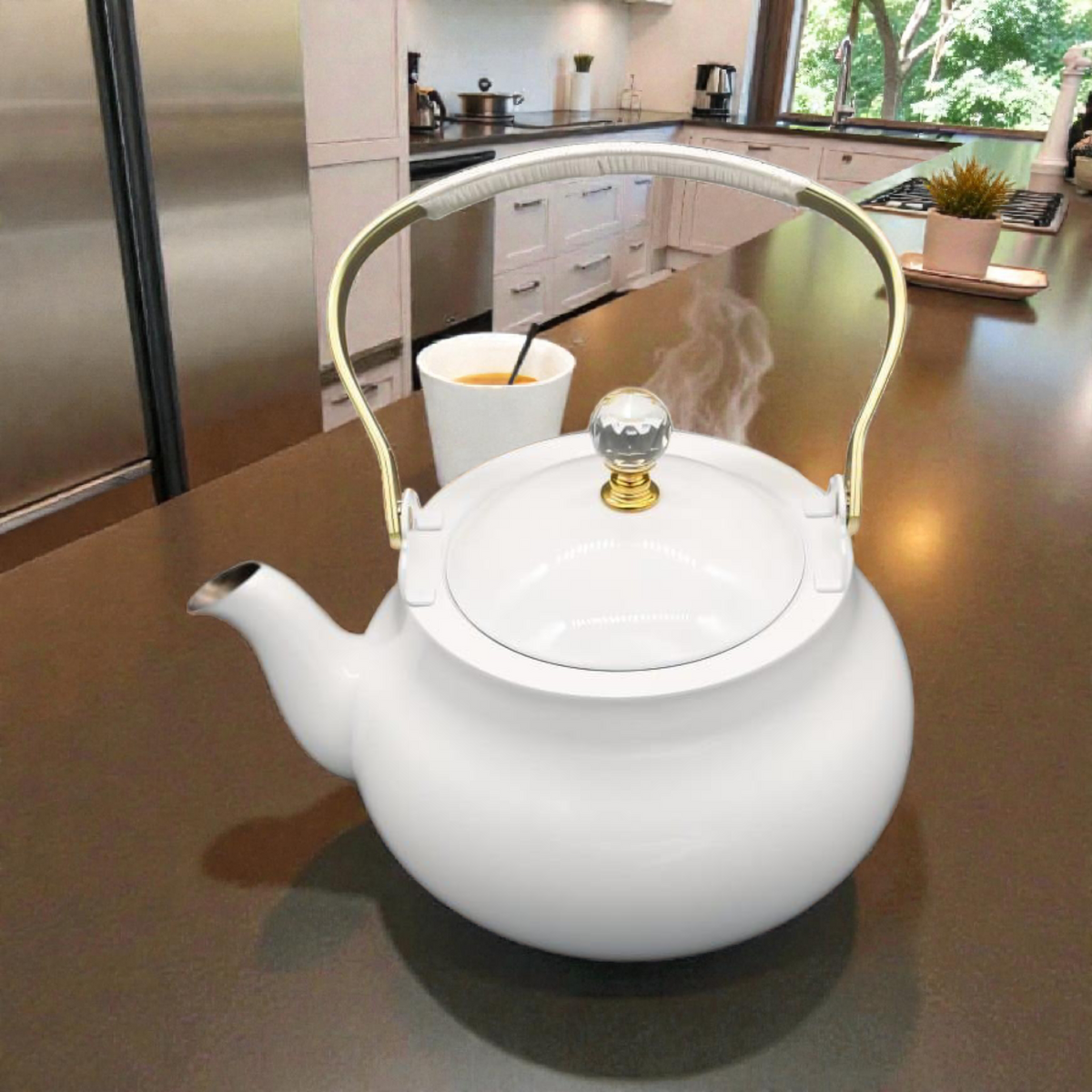White Ceramic Teapot with Gold Handle – Elegant Tea Serving Pot 2litre