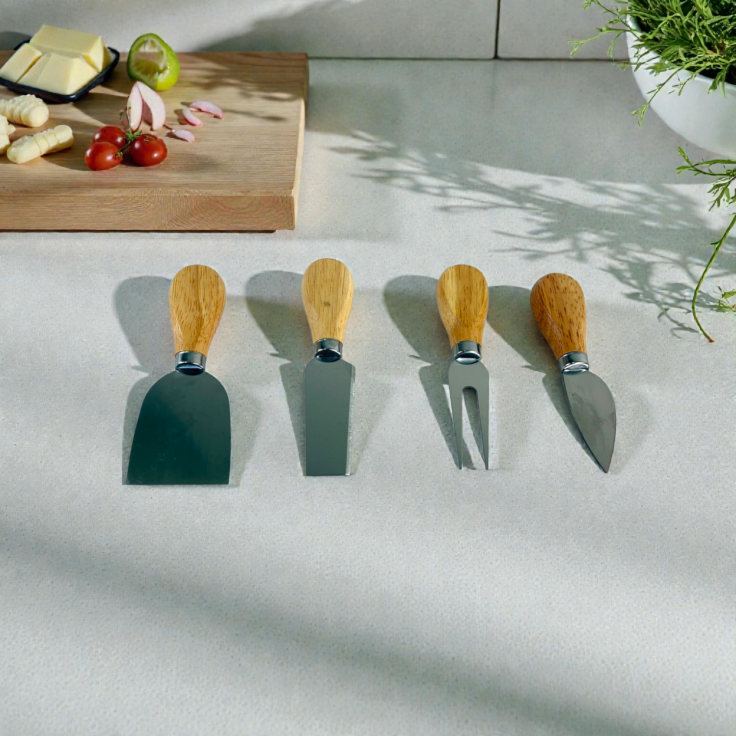 Cheese Knife Set with Wooden Handles (4 Pieces) – Stainless Steel Cheese Tools for Serving & Entertaining