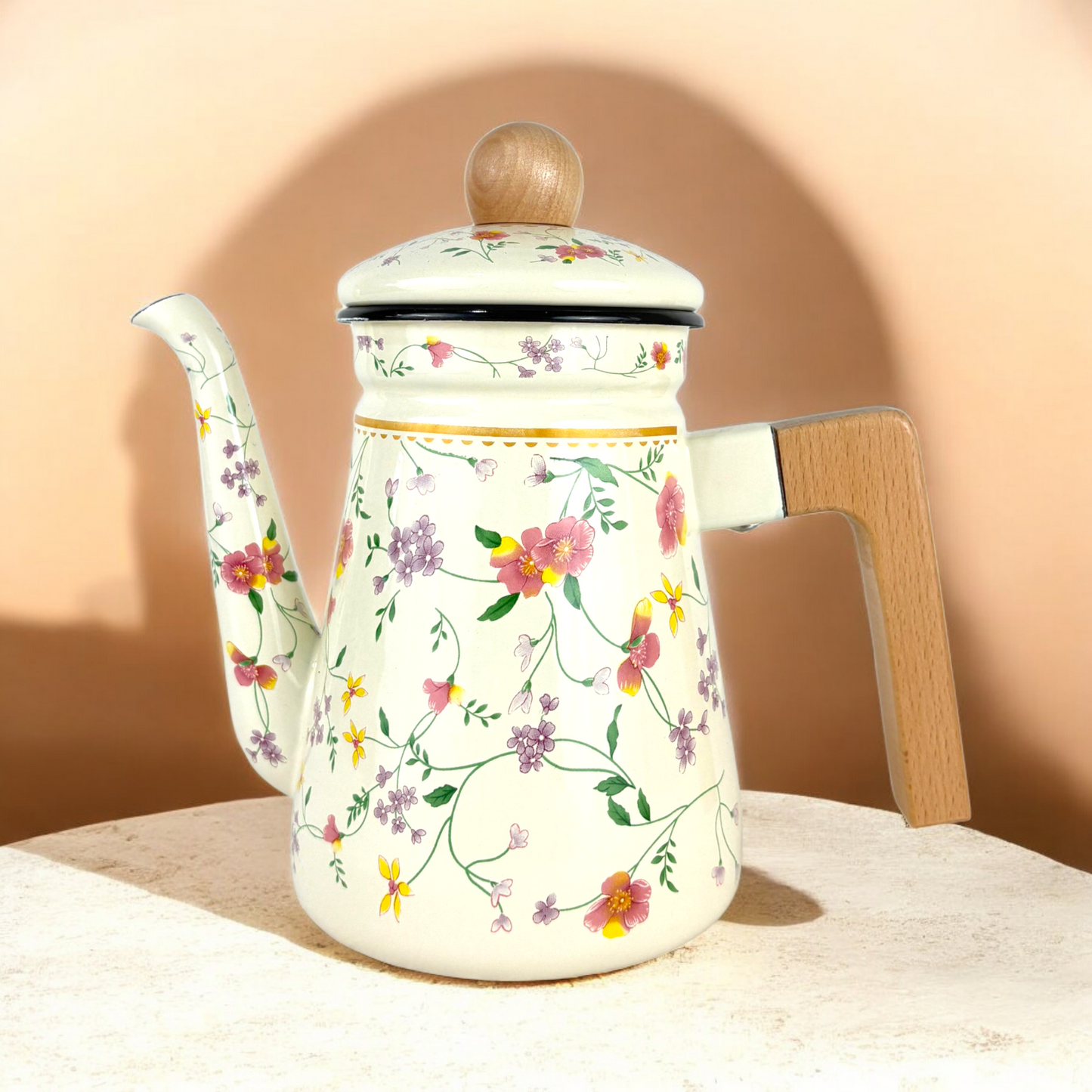Floral Enamel Tea & Coffee Pot – Vintage Cream Kettle with Wooden Handle