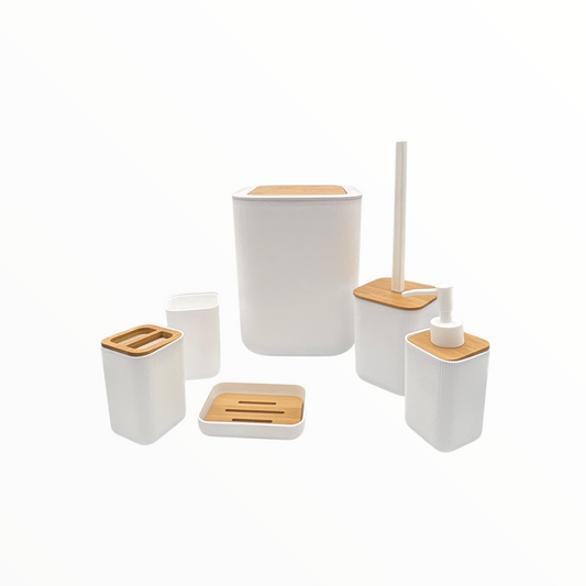 Bathroom Accessories Set – white Bathroom Set with Bamboo Details (6 Pieces)