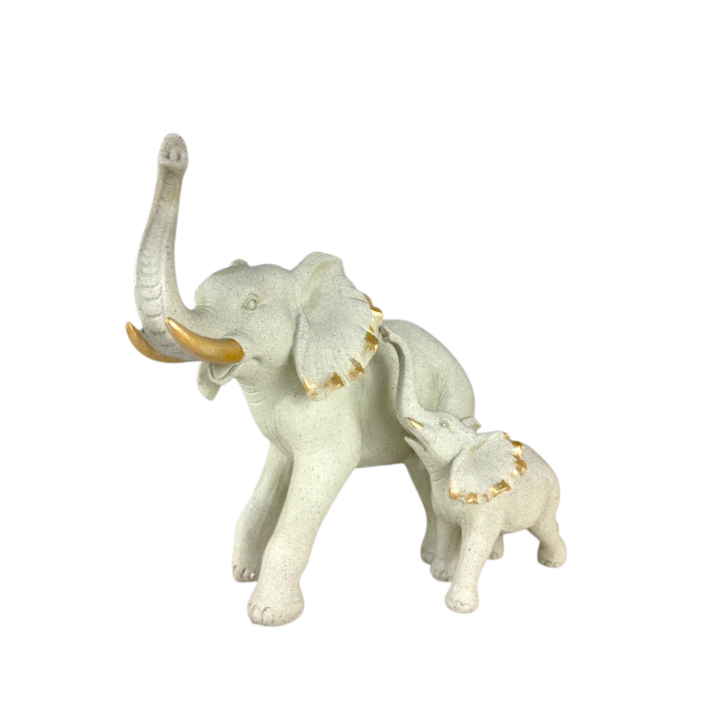 Mother & Baby Elephant Figurine – Stone-Effect Sculpture with Gold Accents for Home Décor