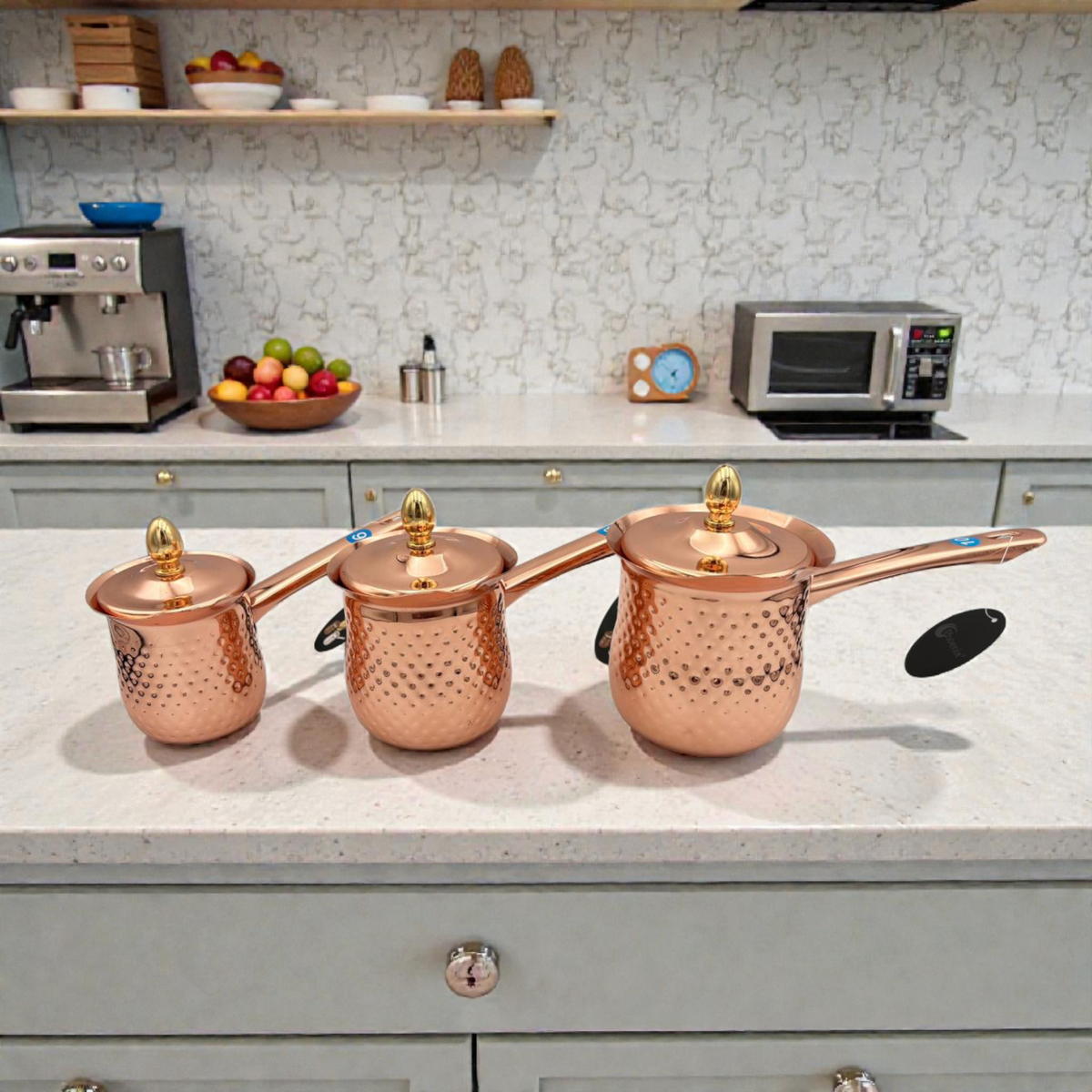 Hammered Copper Turkish Coffee Pot Set (Cezve) – 3 Sizes with Lid