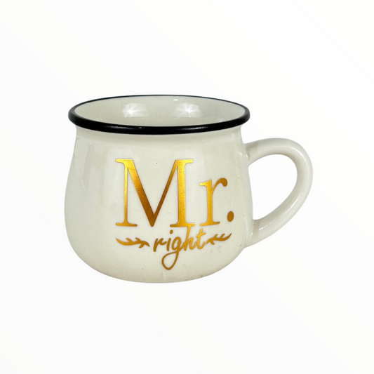 Mr. Right Ceramic Mug – Elegant White Coffee Cup with Gold Print