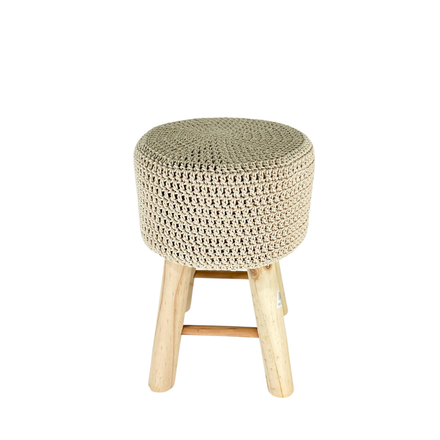 Boho Handmade Macramé Stool with Wooden Legs – Natural Woven Accent Seat