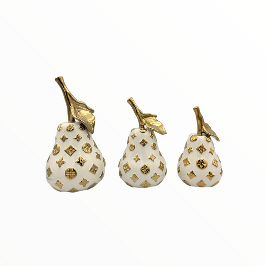 White & Gold Decorative Pear Figurines – Luxury Home Décor Set of 3