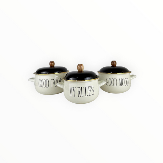 Good food  Enamel Cooking Pot – Cream Soup Pot with Black Lid & Wooden Knob