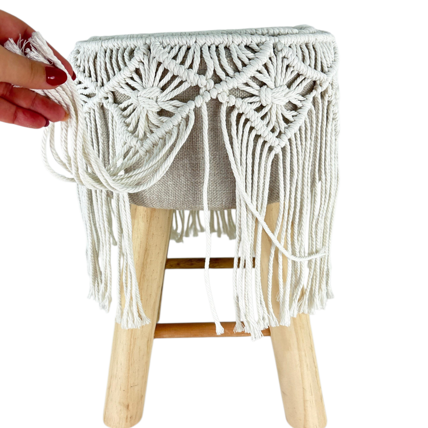 Boho Handmade Macramé Stool with Wooden Legs – Natural Woven Accent Seat