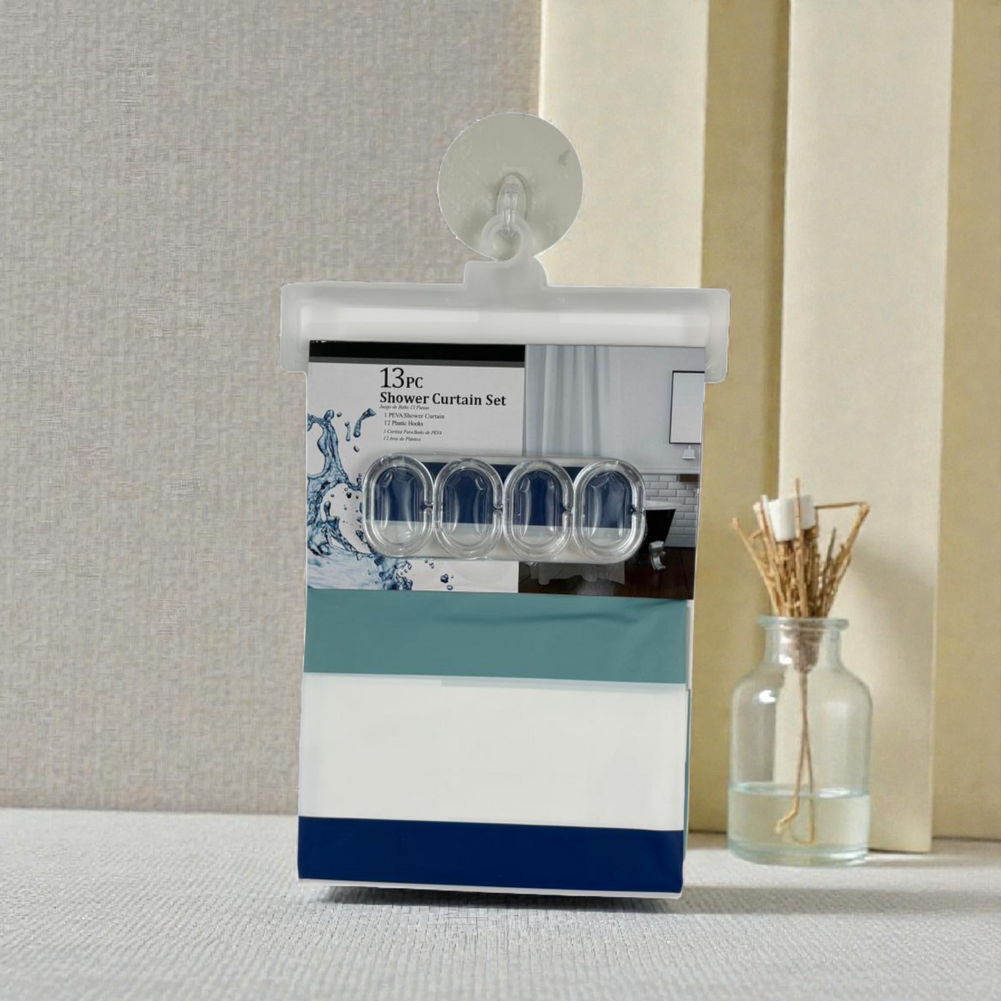 Blue & White Striped Shower Curtain  – Waterproof Curtain with 12 Hooks