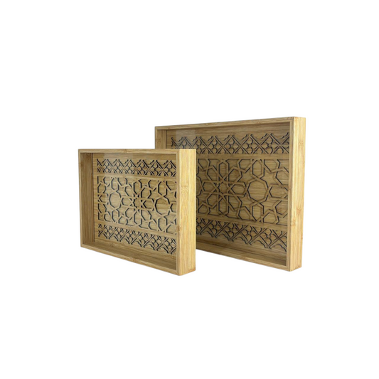 Hand-Carved Wooden Decorative Tray Set – Geometric Oriental Pattern Home Décor (Set of 2)