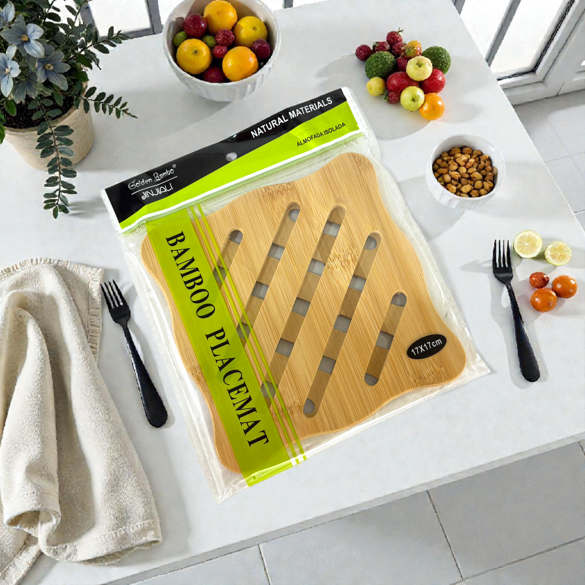 Square Bamboo Placemat with geometric design– Heat Resistant Natural Table Mat