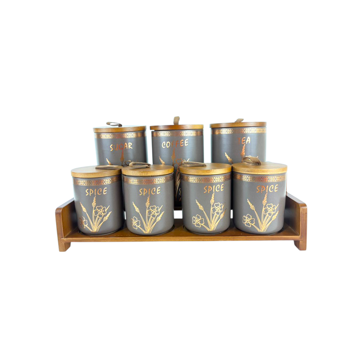 Luxury Ceramic Kitchen Canister Set with Wooden Tray – Sugar, Coffee, Tea & Spice Storage Jars (7-Piece Set)