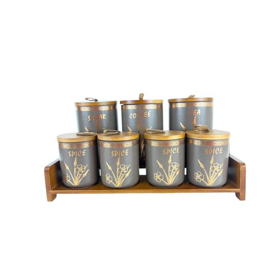 Luxury Ceramic Kitchen Canister Set with Wooden Tray – Sugar, Coffee, Tea & Spice Storage Jars (7-Piece Set)