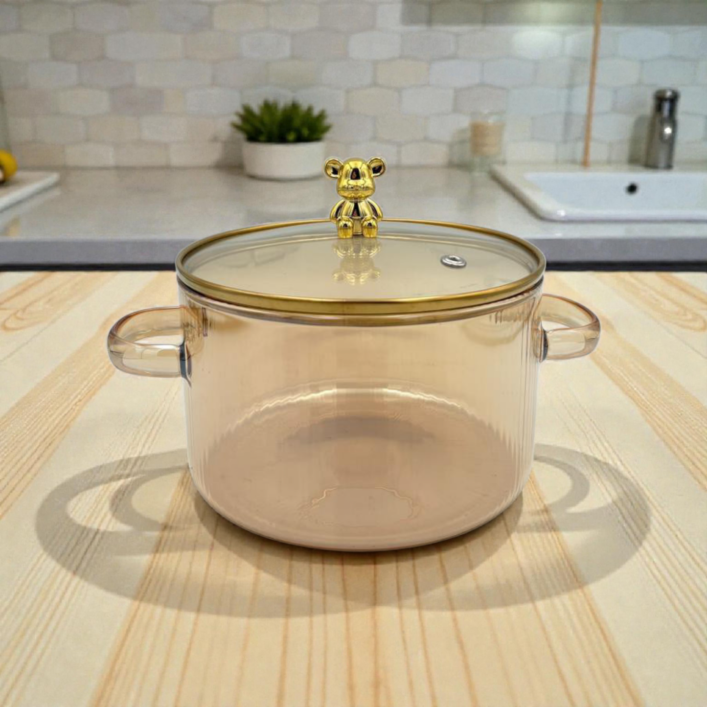 Gold  Glass Cooking Pot with Lid – Bear Handle Heat-Resistant Casserole 1800ML