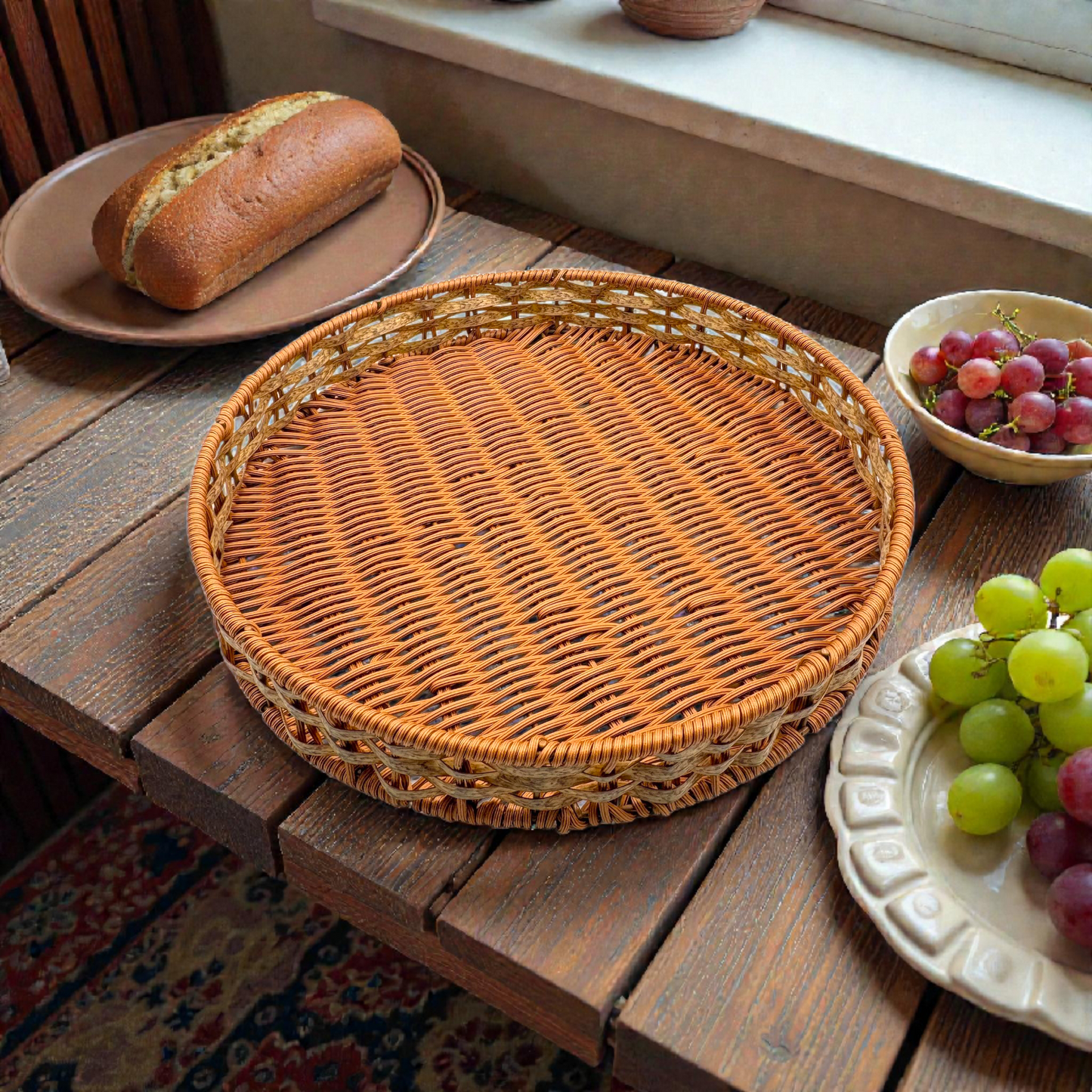 Big Round Wicker Rattan Tray – Natural Handwoven Serving Tray