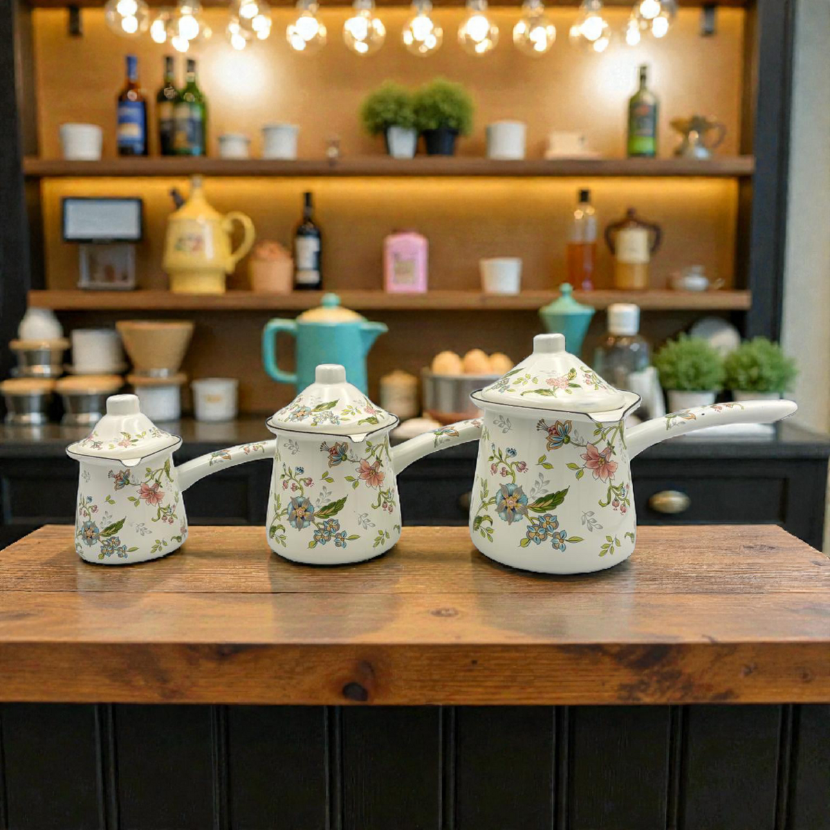 Floral Enamel Turkish Coffee Pot Set  – 3 Sizes with Lid