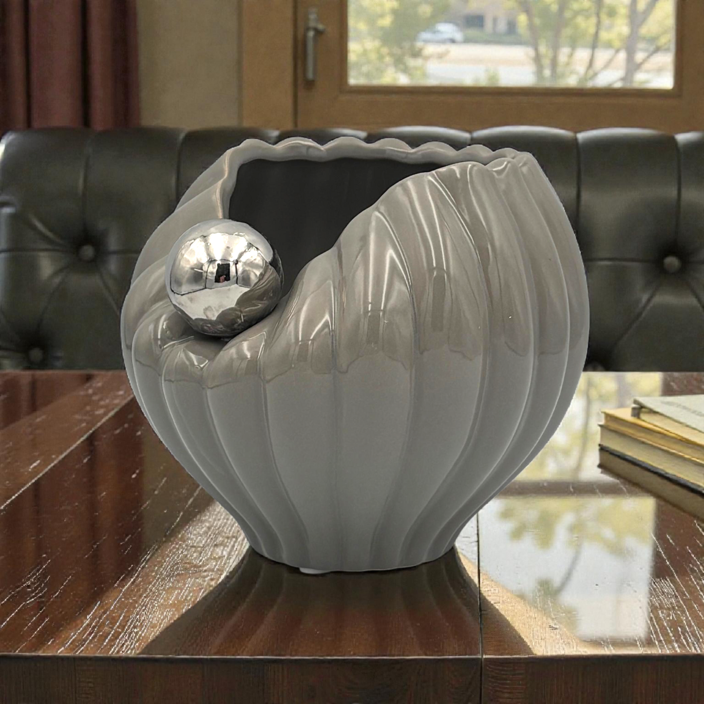 Modern Grey Ceramic Vase with Silver Accent – Luxury Home Décor Vase