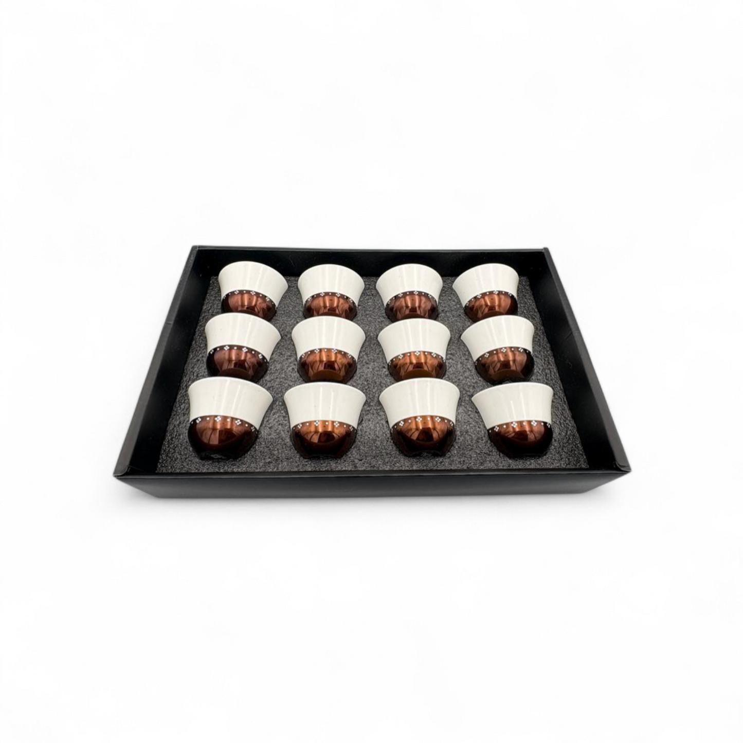 Coffee Cup Set of 12 – Brown & White Porcelain Cups Gift Box