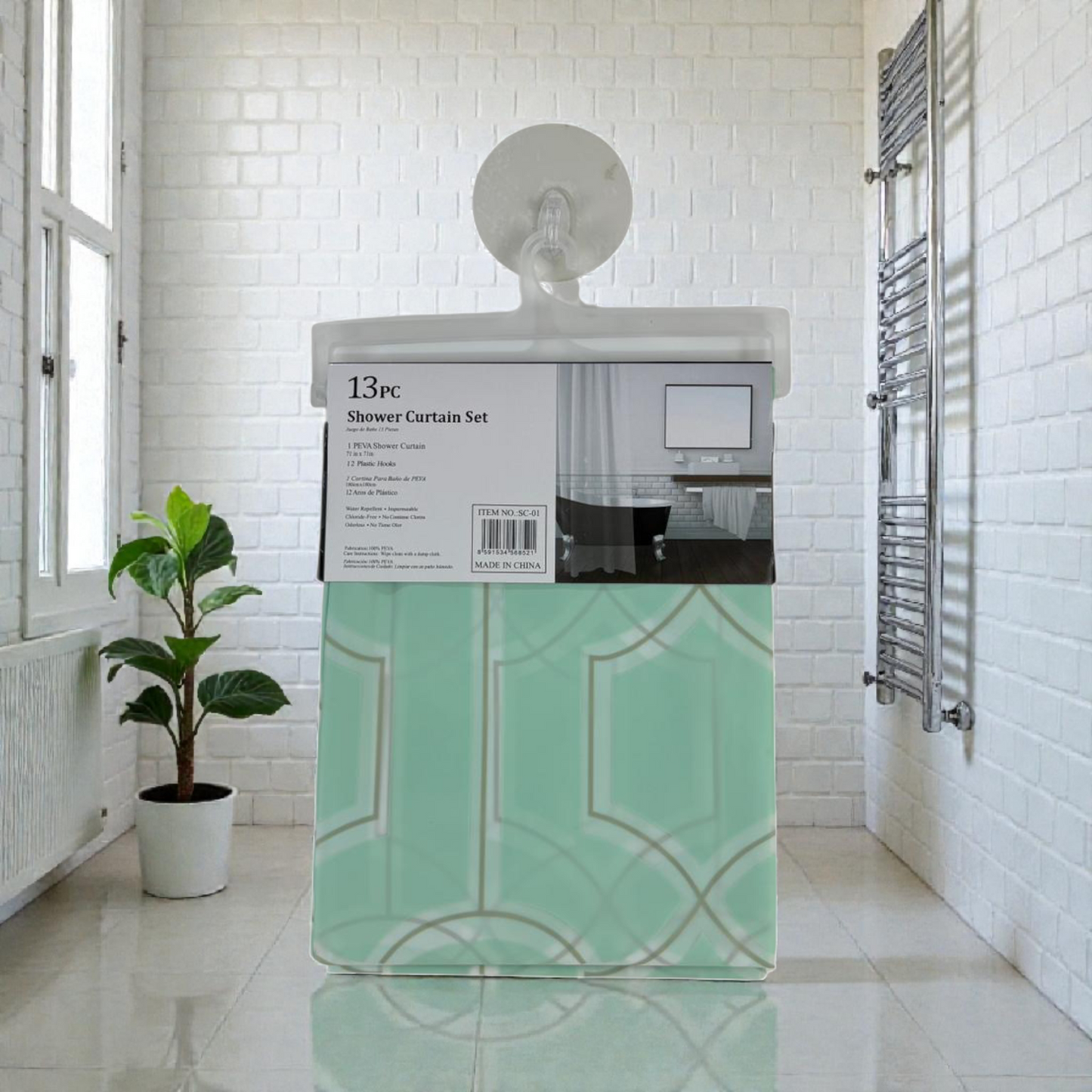 Piece Geometric Shower Curtain Set – Waterproof Curtain with 12 Hooks – Mint Green Pattern