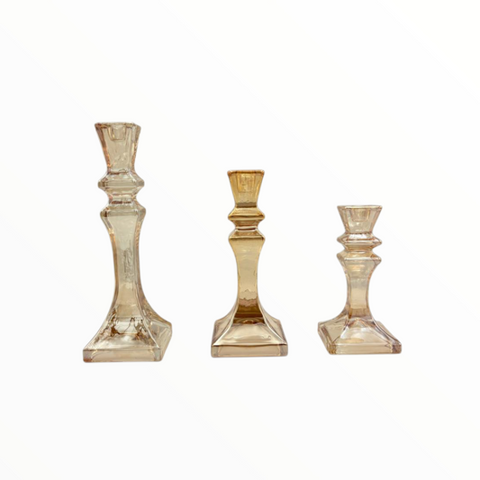 Amber Glass Candle Holders Set of 3 – Elegant Decorative Candlesticks