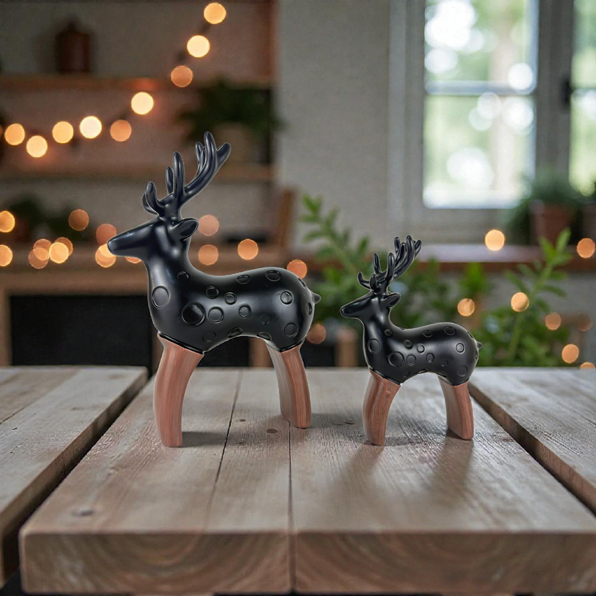Decorative Deer Figurine Set – Modern Resin Reindeer with Wooden Legs (2 Pieces)
