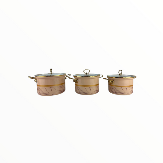 Tutia Luxury Marble-Design Cooking Pot Set with Glass Lids – 3-Piece Non-Stick Cookware Set (Gold Handles)