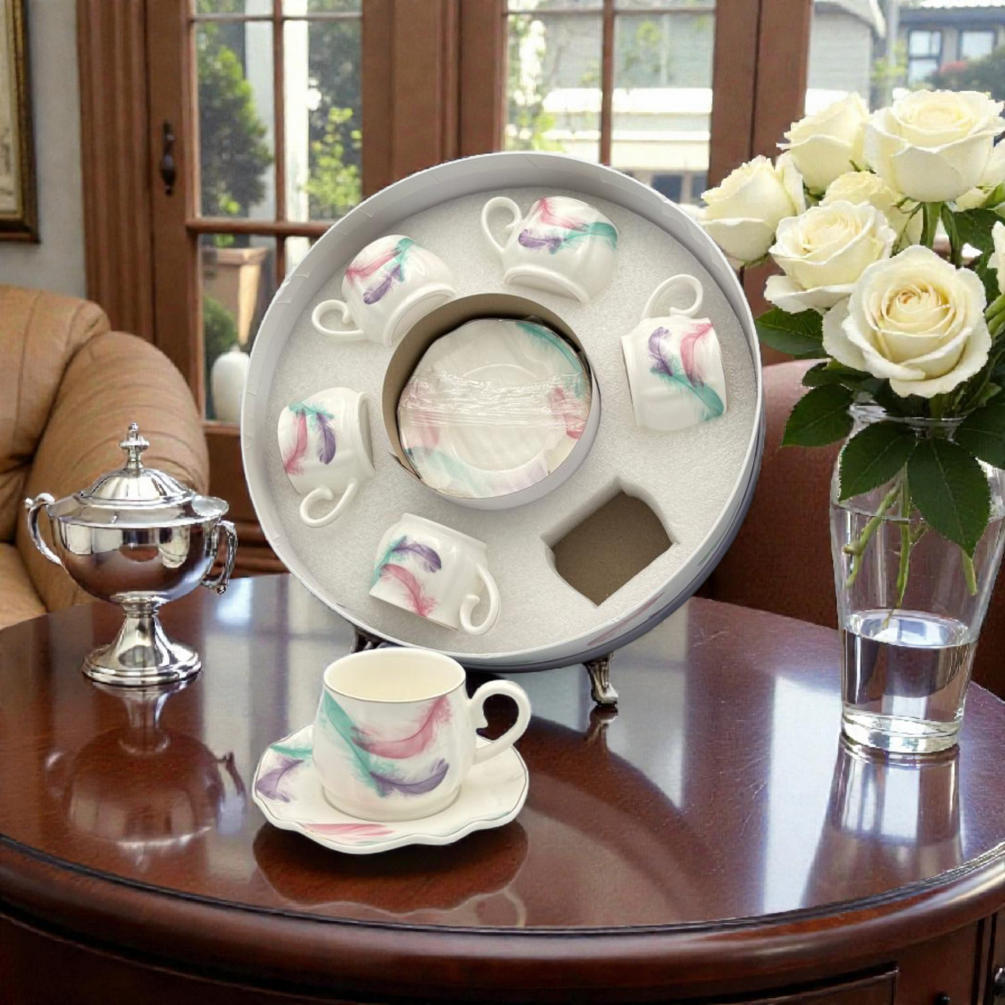 Porcelain Espresso Cup & Saucer Set – Floral Design Coffee Cups Gift Box