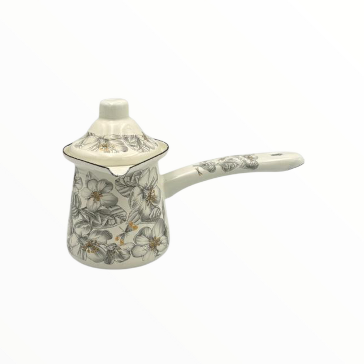 Grey Floral Enamel Turkish Coffee Pot Set – 3 Sizes with Lid
